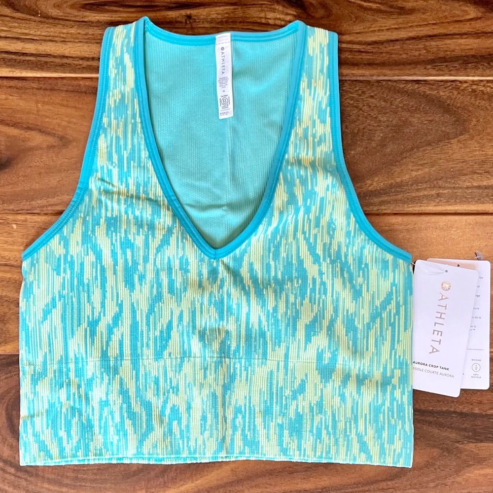 Athleta stretchy workout cropped tank top, bright blue and green, v-neck…